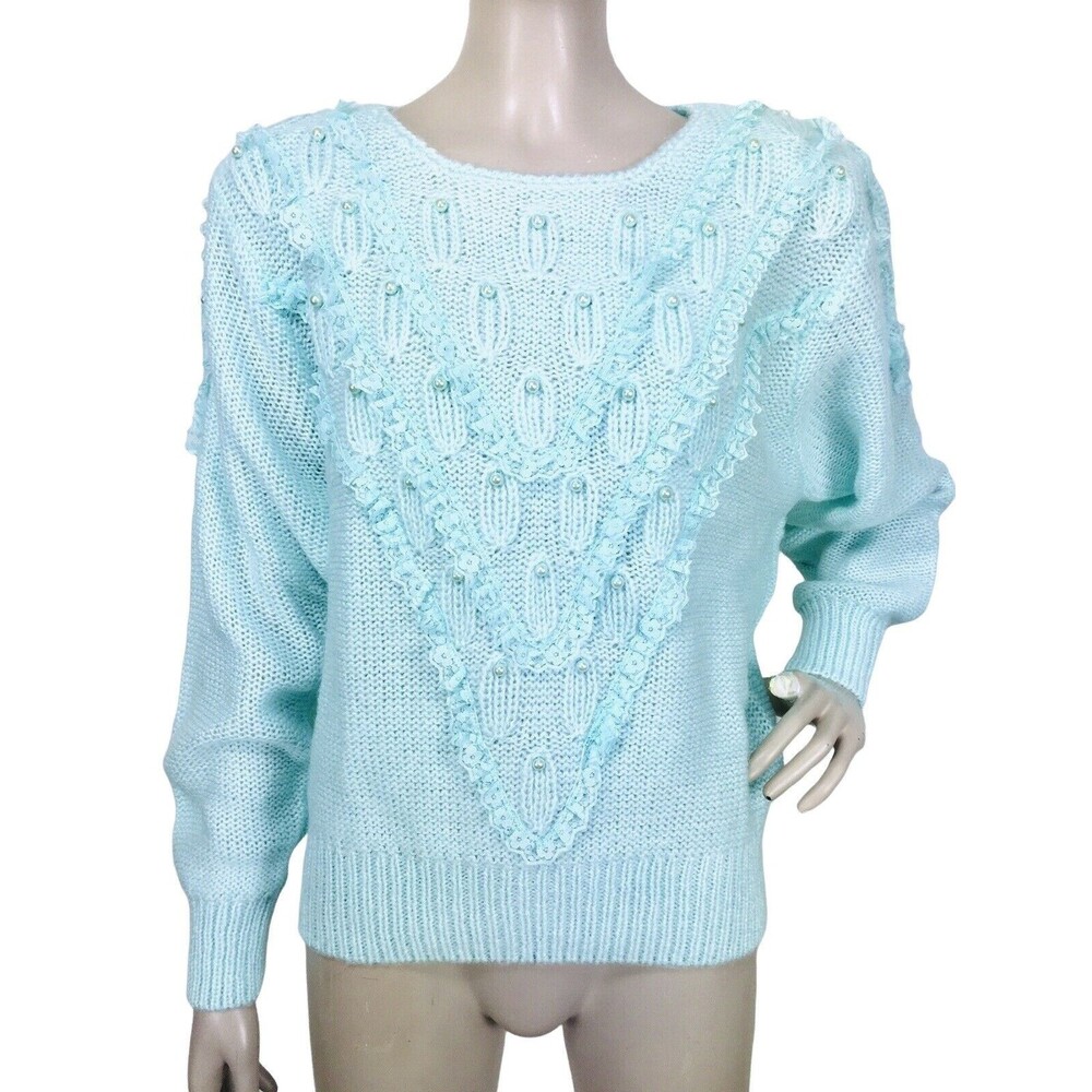 VTG 80s Knit Lace Trim Pearl Beaded Crochet Delicate Soft Girl Sweater Large